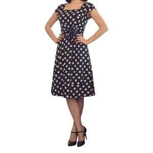 Vintage 1950s Blue Polka Dot Bow Midi Pin-up Dress Womens 2